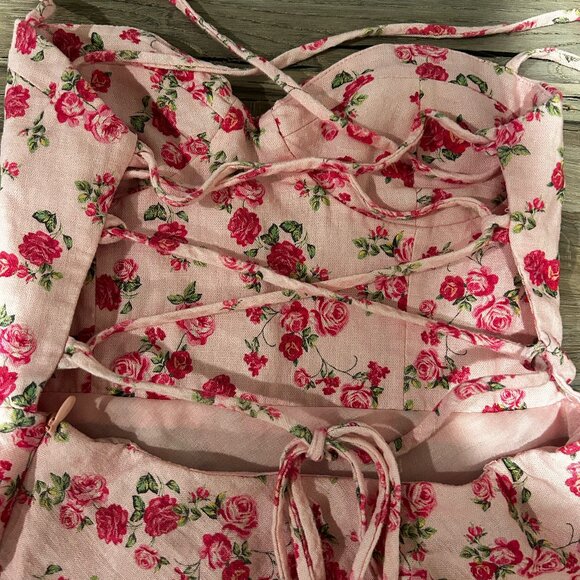 ZARA Floral Lace Up Cutout Strappy Linen Blend Mini Dress | XS - Picture 5 of 9